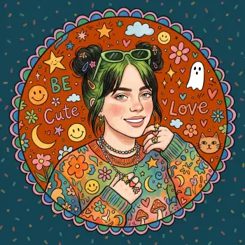 Fan-art forum avatar of a smiling young pop singer with green-and-black space-bun hair, sunglasses on her head, layered necklaces and a colorful patterned sweater amid stars, hearts, cat and ghost doodles.