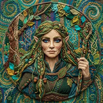 Fantasy forum avatar/pfp: intricate elf-like woman with braided green hair, leaf-adorned cloak and staff, set against woven vines and teal swirls.