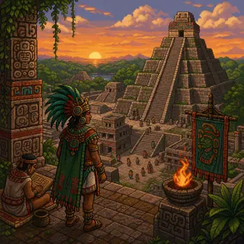 Forum avatar: stylized ancient Maya sunset scene — a feather‑plumed leader and scribe overlooking a stepped pyramid, ceremonial plaza, jungle and burning brazier.