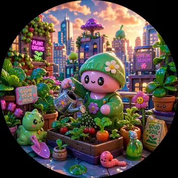 Round forum avatar of a kawaii mushroom character tending an urban gardening rooftop—potted plants, watering can, smiling plant friends and a city skyline at sunset.