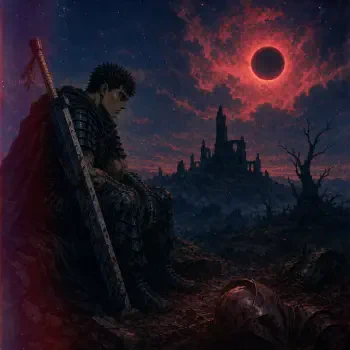 Berserk forum avatar/pfp: Guts seated with his massive sword on a desolate battlefield, a blood-red eclipse looming over a ruined castle.