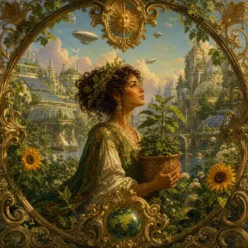 Solarpunk forum avatar: ornate circular portrait of a woman cradling a potted plant amid sunlit green cityscapes, solar panels, wind turbines and a golden sun emblem.