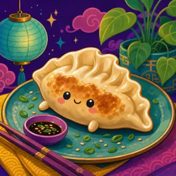 Cute smiling dumpling on a decorative plate with dipping sauce, lantern and potted plant accents — colorful forum avatar/profile photo.
