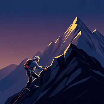 Forum avatar of a climber scaling a jagged mountain at dusk; stylized profile photo with dramatic peaks and warm sunset light.
