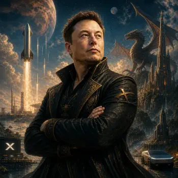 Forum avatar: stylized portrait of a confident man in a dark ornate coat with arms crossed, set against a futuristic cityscape with rockets, a dragon silhouette, and a sleek electric car.