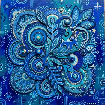 Abstract blue forum pfp: intricate swirling floral and geometric design in layered blues, teals and indigo with star and dot accents.
