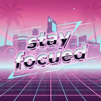 Synthwave forum avatar: chrome-pink stay focused text over a neon grid, futuristic city skyline, palm silhouettes and starry pink sky.