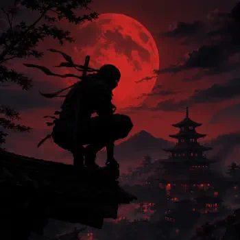 Silhouetted ninja crouching on a rooftop against a blood-red full moon, overlooking a misty city with an illuminated pagoda — stylized forum avatar/profile photo.