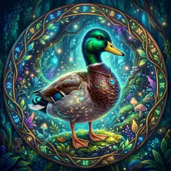 Vibrant fantasy mallard in a glowing rune circle with an enchanted forest background — whimsical forum avatar.