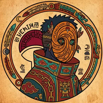 Forum avatar of Obito Uchiha in a stylized, vintage-color illustration: ornate spiral mask with feather accents and patterned armor set inside a decorative circular frame.