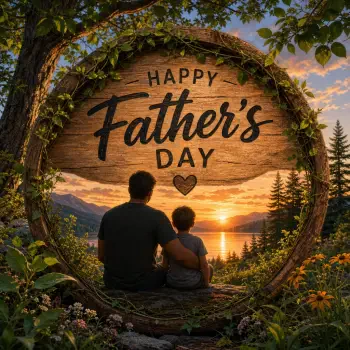 Forum avatar/pfp: father and child silhouettes sit at a lakeside sunset, framed by a round wooden sign reading Happy Father's Day.