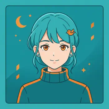 Minimalist anime-style forum avatar of a teal-haired woman with orange hair clip, warm brown eyes, turtleneck with orange trim against a teal background with moon and stars.