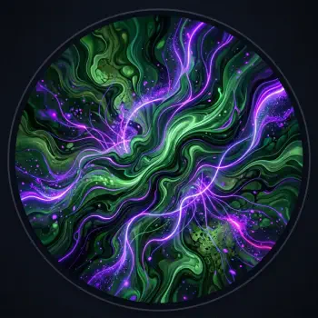 Circular abstract forum avatar: swirling green and purple energy tendrils with luminous, star-like speckles.
