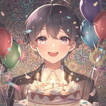 Anime birthday forum avatar/pfp/profile photo: smiling anime character holding a lit cake with candles, surrounded by balloons, confetti, and a decorative festive background.
