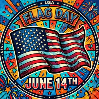 Vibrant comic-style Flag Day forum avatar/pfp featuring a waving U.S. flag, bold FLAG DAY banner, June 14th text, stars, fireworks and colorful pop-art background.