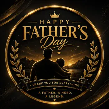 Forum avatar/pfp: golden circular Father's Day emblem featuring a father and child silhouette by a lake, laurel wreath, crown, and banner reading Thank you for everything.