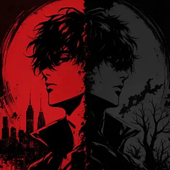 Dual-tone forum avatar: two back-to-back profiles split red and black, red side shows city skyline, black side shows barren trees.