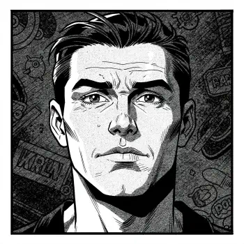 Black & white comic-style forum avatar/pfp: close-up of a serious, chiseled male face with strong shadows, crisp ink lines and a textured, patterned background.