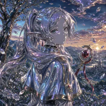 Forum avatar of Frieren from Frieren: Beyond Journey's End — a silver-haired, crystalline elf mage with reflective cloak and staff standing before a glittering twilight cityscape.