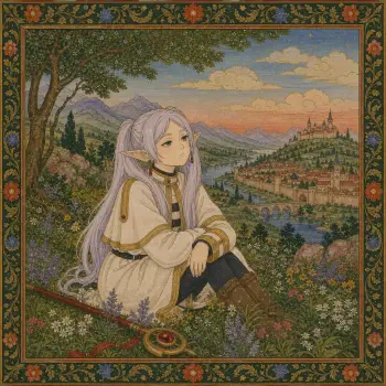 PFP of Frieren (Frieren: Beyond Journey's End): elf-like mage with long silver hair and robes, sitting in a flowered meadow overlooking a river valley and distant castle, framed by an ornate floral border.