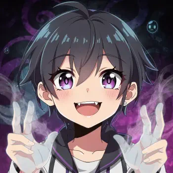 Spooky anime pfp: cheerful purple-eyed anime character with short dark hair and fangs, flashing peace signs amid swirling purple smoke and tiny ghostly skulls.