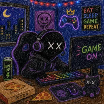 Gamer forum avatar/pfp: hooded figure with crossed-out eyes and headphones at a neon gaming desk—'Game On' monitor, neon controller, pizza and energy drink.