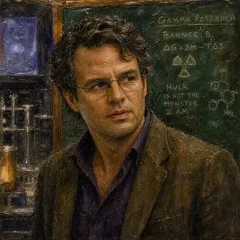 Forum avatar/profile photo of Bruce Banner — portrait of a thoughtful man in glasses and a jacket standing before a chalkboard filled with scientific formulas and a radiation symbol.