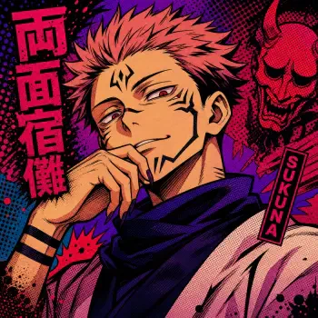 Forum avatar of Sukuna (Jujutsu Kaisen): smirking close-up, spiky pink hair and black facial markings, purple-red halftone background with demon mask motif.