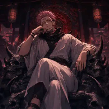 Forum avatar/pfp of Sukuna (Jujutsu Kaisen): smirking on a skull-adorned throne, red-lit background, wearing white robes and a black scarf.