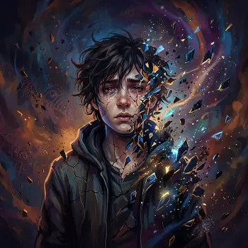 Forum avatar/pfp: moody portrait of a young person whose face fractures into glowing shards, fragments spiraling into a stormy backdrop, vividly evoking a sense of falling apart.
