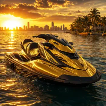 Gold jet ski at sunset with city skyline and palm trees — forum avatar/profile photo showcasing a sleek watersport craft.