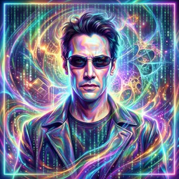 Neon portrait of Neo (The Matrix) in sunglasses and a leather jacket, surrounded by streaming code and swirling multicolored light, used as a forum avatar/profile picture.