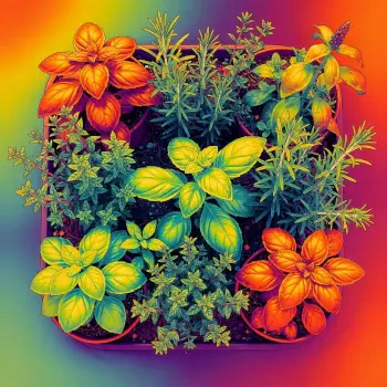 Vibrant stylized top-down view of potted herbs with neon green, yellow and orange leaves, presented as a forum avatar/pfp.