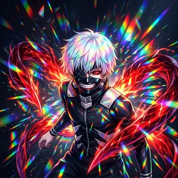Forum avatar/pfp of Ken Kaneki: white-haired ghoul in a black suit and mask, red kagune wings bursting with vivid rainbow light.