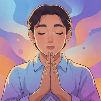 Forum profile avatar of a person praying — eyes closed, hands clasped, soft pastel swirls in the background.