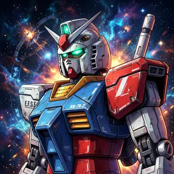 Gundam forum avatar/pfp: RX-78-2–style mecha bust with glowing green eyes, red/blue armor and antenna, set against a vivid cosmic starfield explosion background.