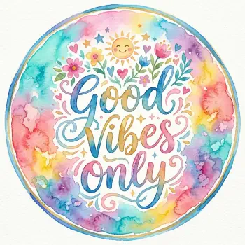 Circular watercolor forum avatar: smiling sun, flowers and colorful swirls surrounding hand-lettered Good Vibes Only.