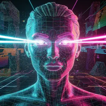 Forum avatar/profile photo: neon wireframe human face with cyan and magenta lasers blasting from the eyes against a retro-futuristic grid background.