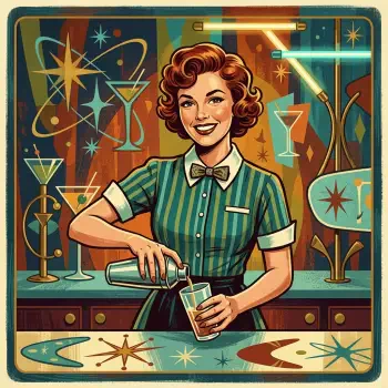 Retro bartender pfp: smiling woman in a striped uniform and bow tie pouring a cocktail amid mid-century atomic bar decor.
