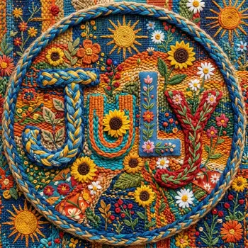 Round embroidered forum avatar/pfp reading JULY with sunflowers, daisies and suns, braided rope border and rich summer colors — textured, handcrafted look.