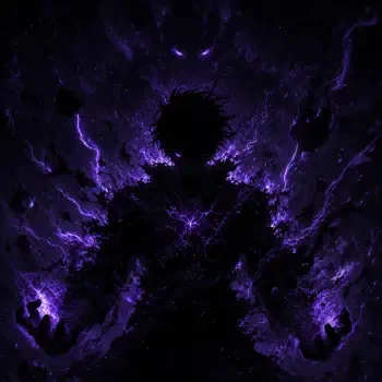 Dark forum avatar/pfp: shadowy human silhouette wreathed in crackling purple energy with lightning-like veins and drifting debris.