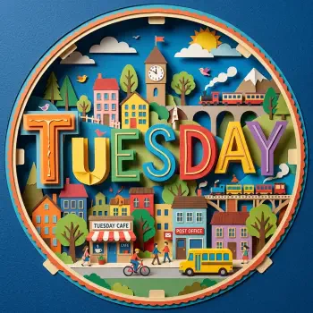Forum avatar/profile photo: circular, colorful paper-cut town scene with prominent TUESDAY lettering, café, clocktower, train, bus and tiny people in a playful miniature city.