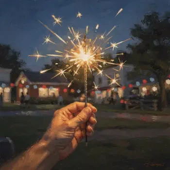 4th of July forum avatar — hand holding a lit sparkler at dusk, blurred neighborhood houses with red-white-blue lights in the background.