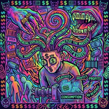 Psychedelic forum avatar depicting commercial exploitation: dollar-eyed profile amid swirling hands, credit cards, data tags and slogans like profit & greed.