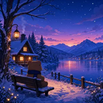 Forum avatar: winter serenity — a cozy bear-shaped profile photo sitting on a snowy bench by a glowing cabin, gazing across a starry twilight lake with mountains in the distance.