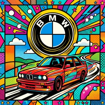 Vibrant pop-art forum avatar/pfp: red BMW coupe speeding on a stylized road beneath a large BMW roundel logo.