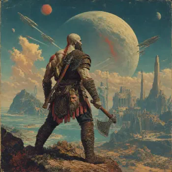 God of War forum avatar: muscular warrior with axe stands on a cliff, overlooking a ruined mythic city and a huge moon.