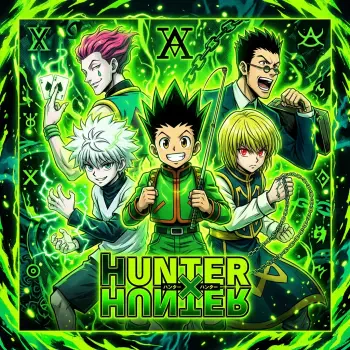 Vibrant neon-green Hunter x Hunter forum avatar showing Gon front-and-center with Killua, Kurapika, Leorio and Hisoka around him, glowing Nen aura and the Hunter x Hunter logo.