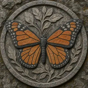 Forum avatar/pfp: stone-carved circular medallion featuring a raised monarch butterfly with orange-and-black wings over a leafy relief.