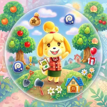 Forum avatar/pfp: cheerful Isabelle from Animal Crossing holding an AC app, standing among fruit trees, gardening tools, a tiny house and wrapped gift in a bright, pastel island scene.